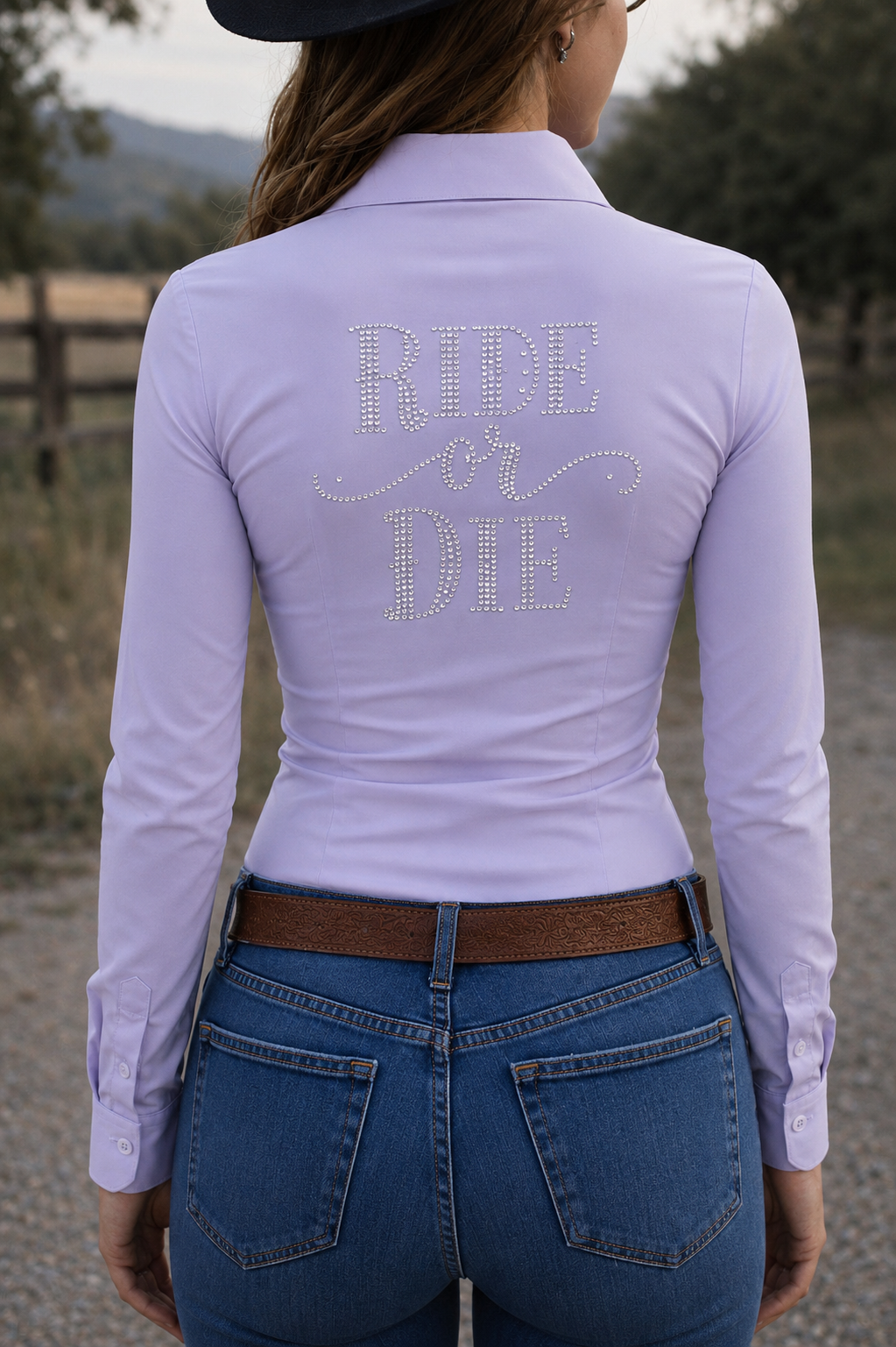 Ride Or Die Rhinestone Button Up 4 Way Stretch Rodeo Shirt -Lavender Neon Spur