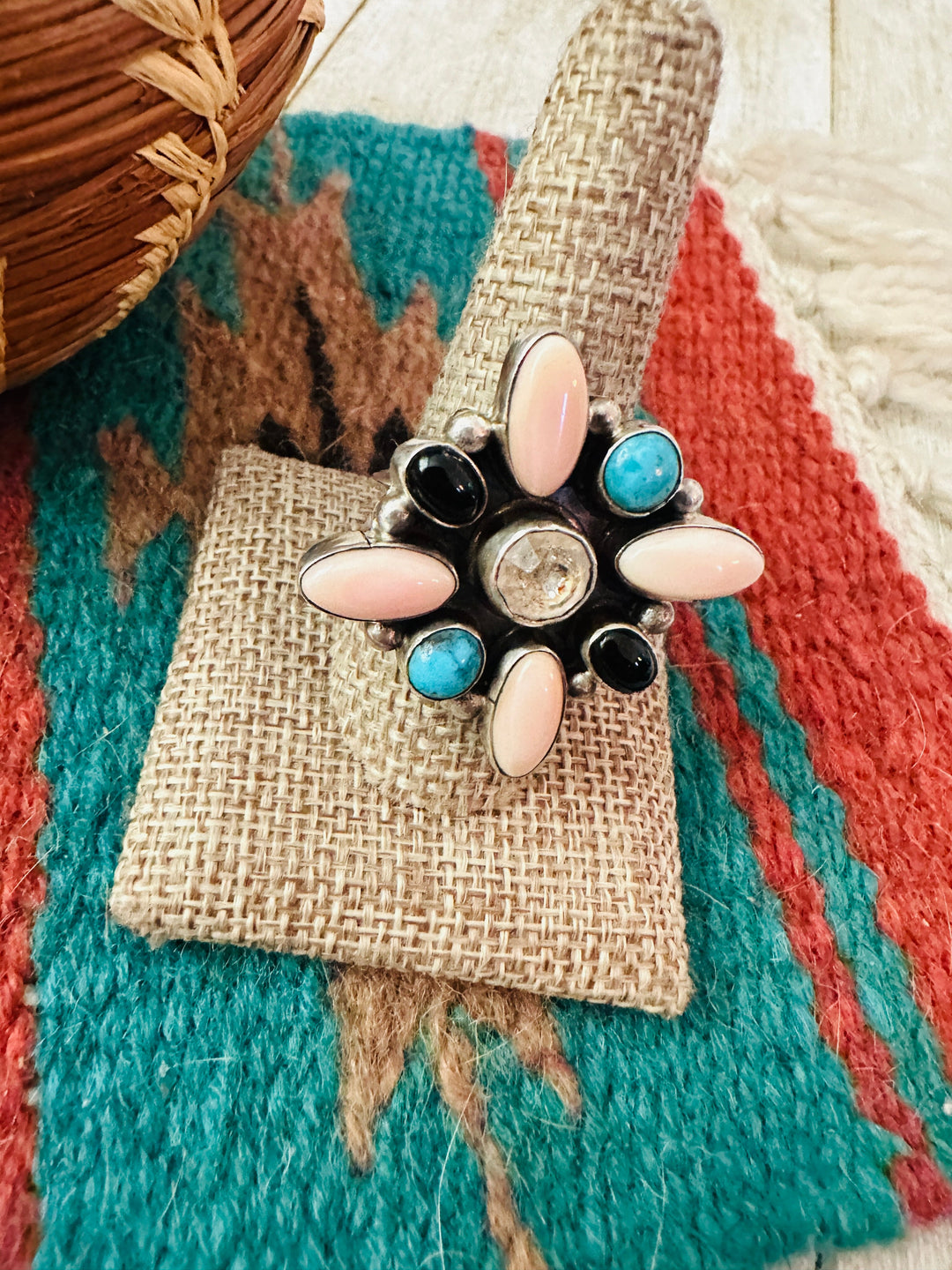 Handcrafted Queen Pink Conch, Onyx, Turquoise & Sterling Silver Adjustable Ring by Jacqueline Silver