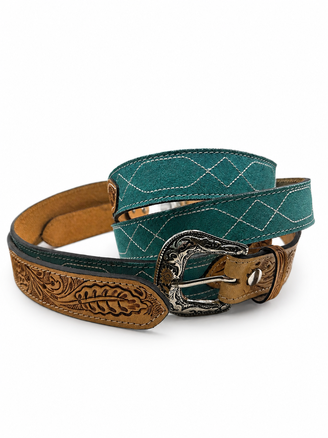 Western Stitch Genuine Suede & Hand Tooled Leather Belt -Turquoise Neon Spur