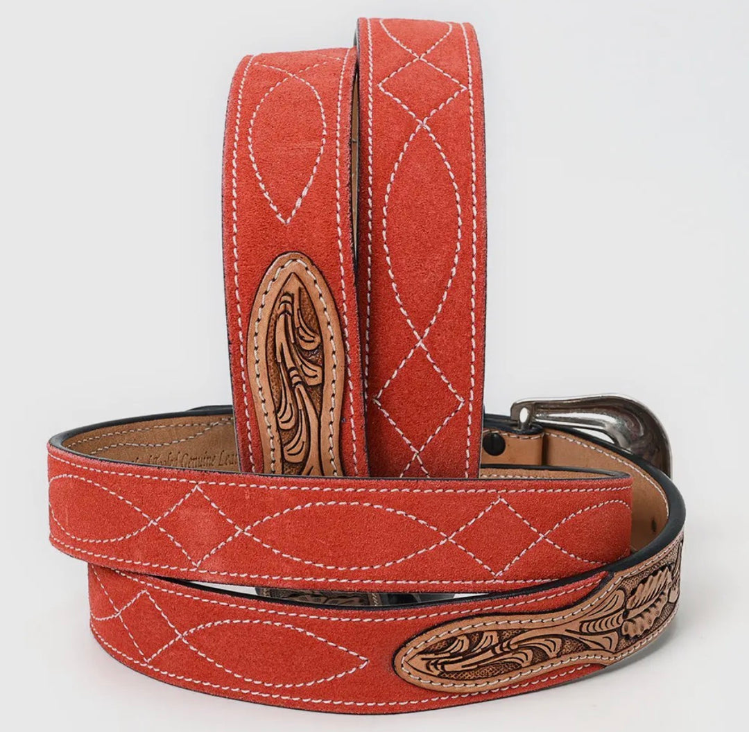 Western Stitch Genuine Suede & Hand Tooled Leather Belt -Red