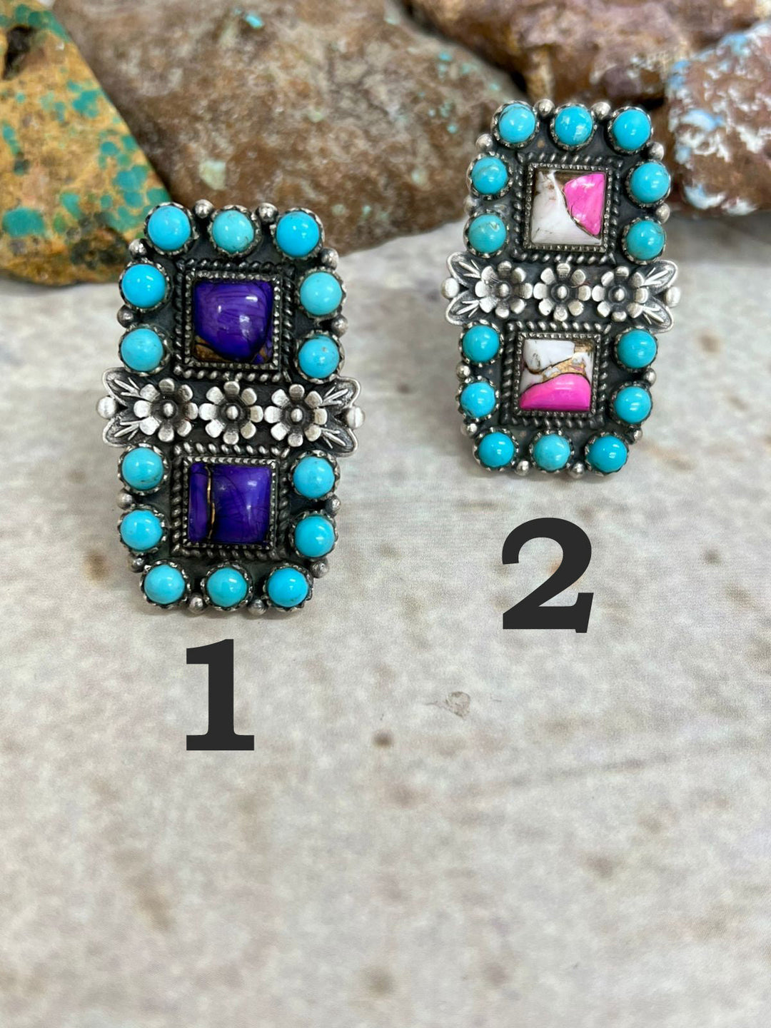 Handmade Sterling Silver Cotton Candy with Kingman & Grape Dahlia with Kingman Adjustable Ring