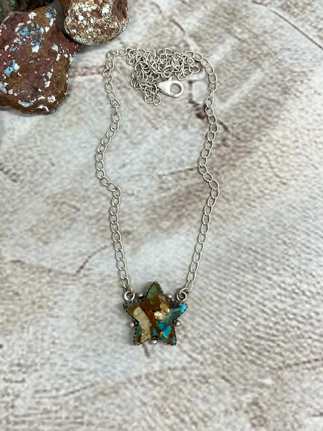 Handmade Sterling Silver Royston Turquoise Star Necklace with Signed Nizhoni Nizhoni Traders LLC