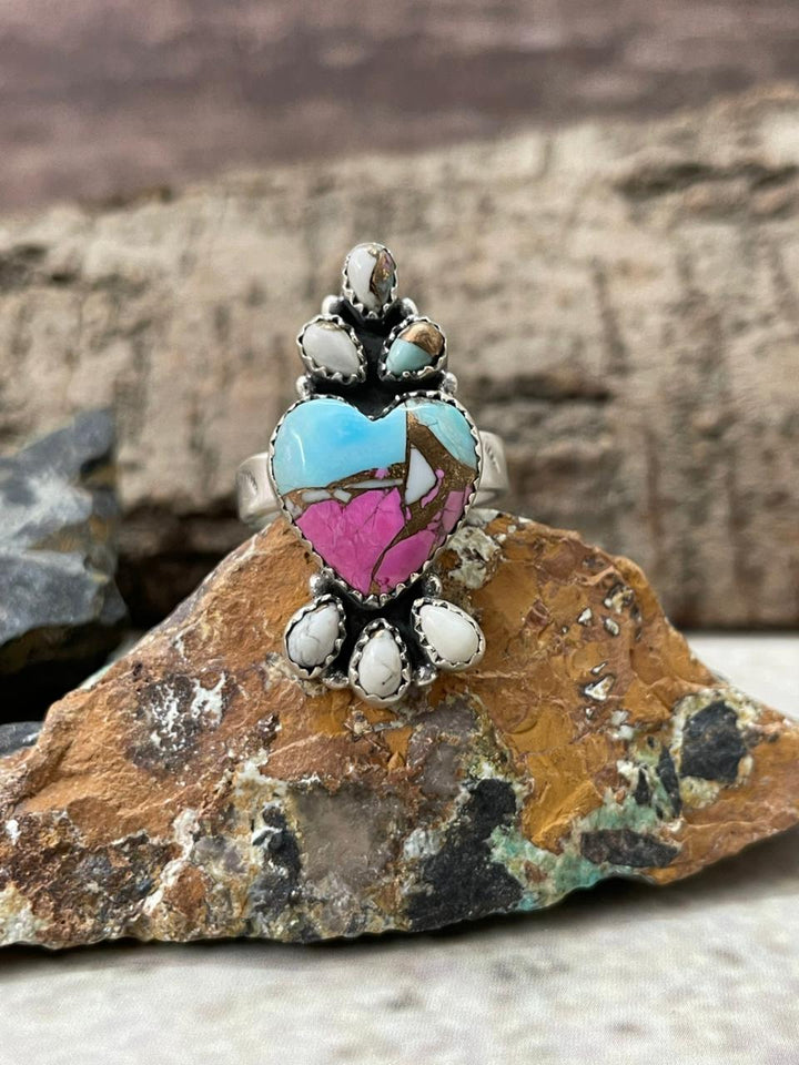 "Heart Collection" Handmade Sterling Silver Cotton Candy TurquoiseAdjustable Ring