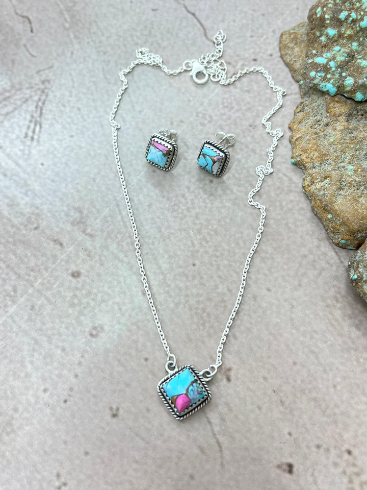 Handmade Sterling Silver Cotton Candy Turquoise Necklace & Earrings Set
