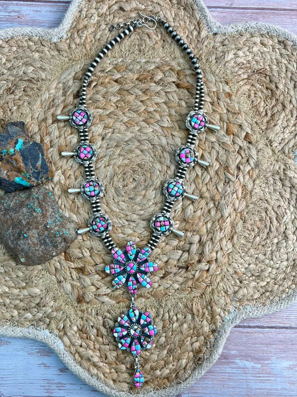 Handmade Sterling Silver Beaded Blossom Cotton Candy Necklace "Signed Nizhoni" Nizhoni Traders LLC