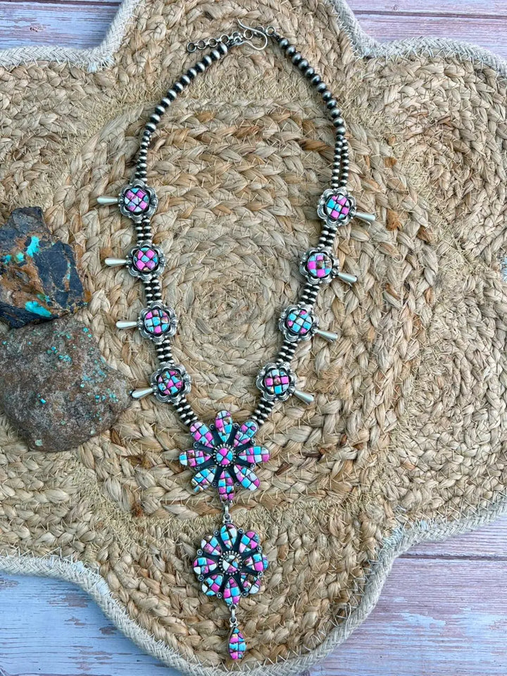 Handmade Sterling Silver Beaded Blossom Cotton Candy Necklace "Signed Nizhoni" Nizhoni Traders LLC