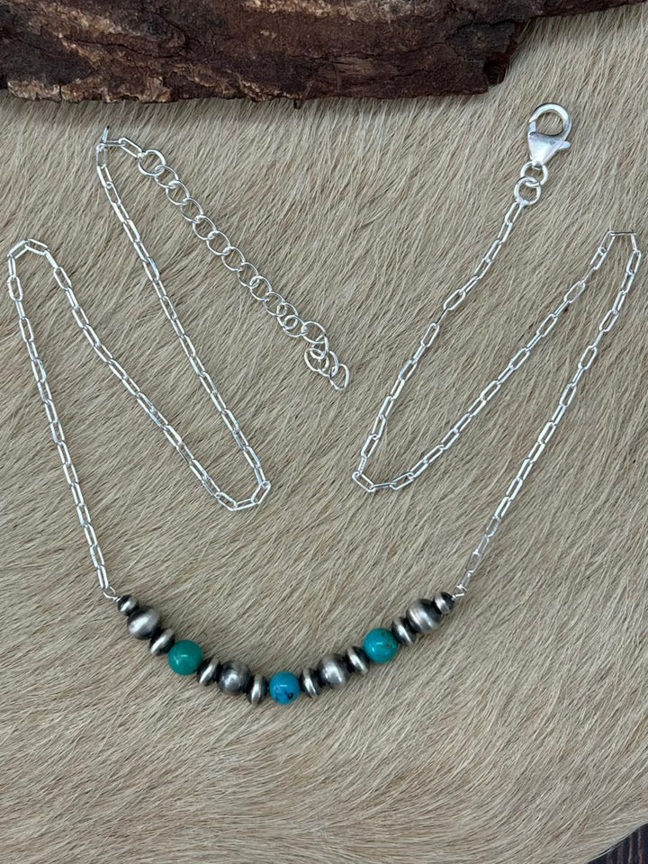 Handmade Sterling Silver Kingman Turquoise Beaded Necklace