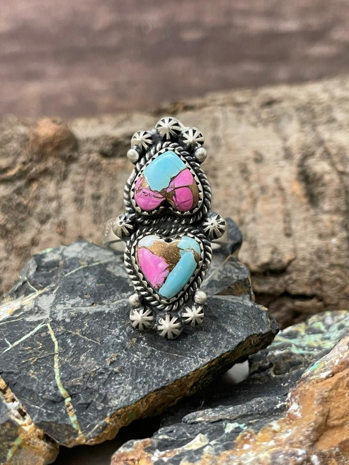"Heart Collection" Handmade Sterling Silver Cotton Candy TurquoiseAdjustable Ring