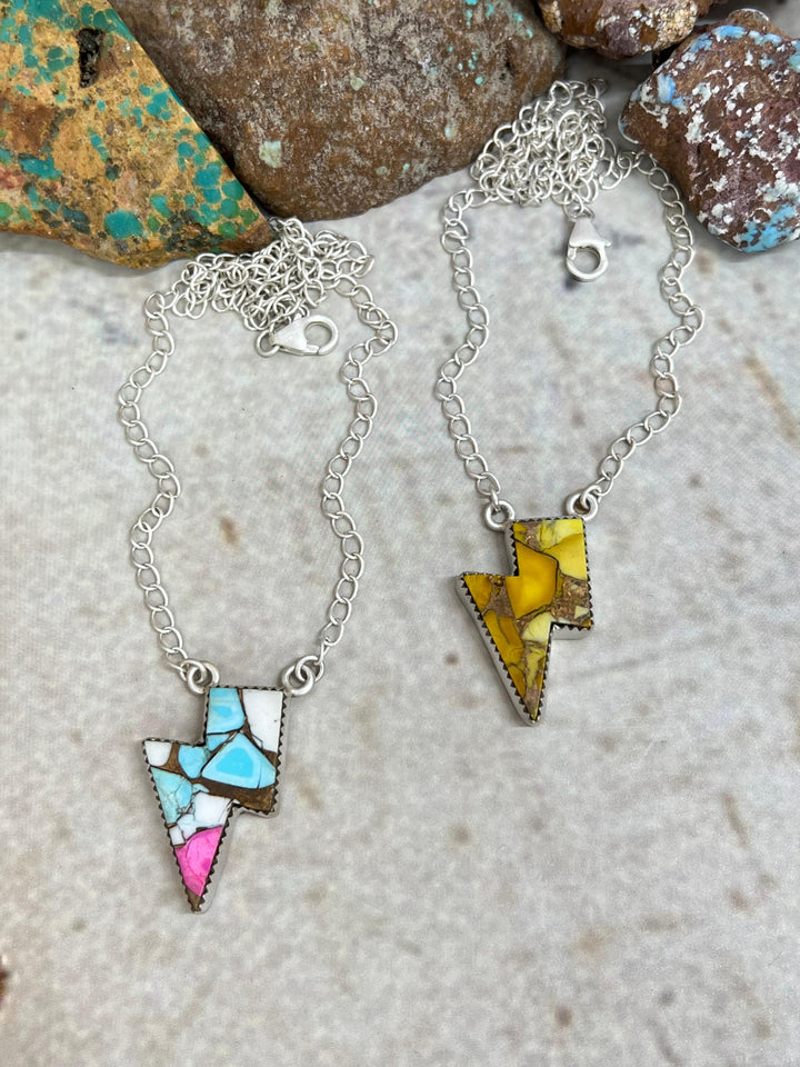 Handmade Sterling Silver Cotton Candy & Honey Dahlia Lightning Bolt Necklace