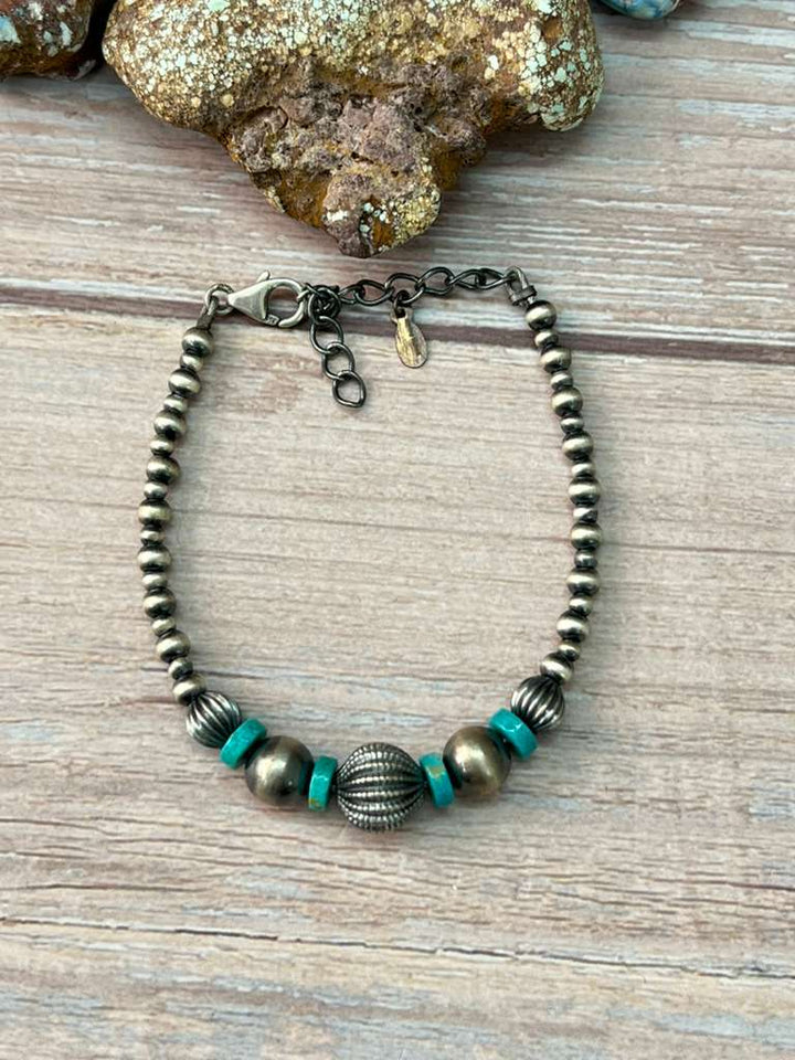 Handmade Sterling Silver Kingman Turquoise Beaded Bracelet