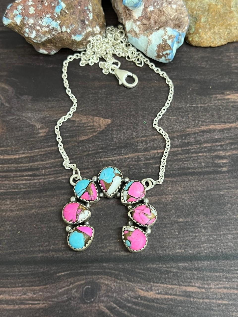 Handmade Sterling Silver Cotton Candy Turquoise Squash Blossom Necklace