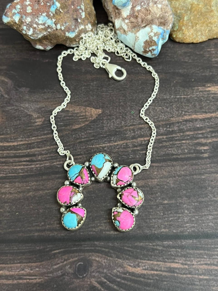 Handmade Sterling Silver Cotton Candy Turquoise Squash Blossom Necklace