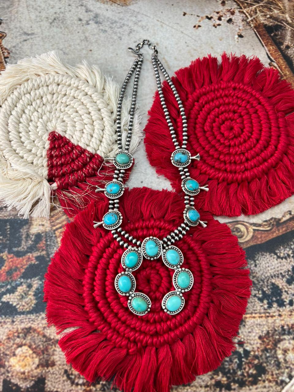 Handmade Sterling Silver Kingman Turquoise Squash Blossom Beaded Necklace