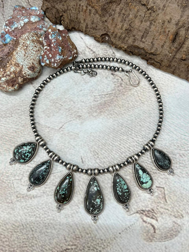 Handmade Sterling Silver Lander Turquoise Beaded Necklace