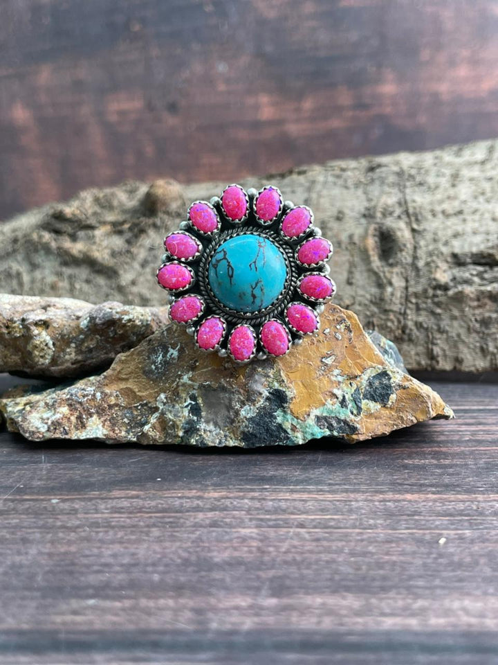 Handmade Sterling Silver Arizona Turquoise with Hot Pink Adjustable Ring