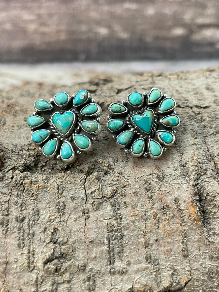 "Heart Collection" Handmade Sterling Silver Kingman Turquoise Post Studs Earrings