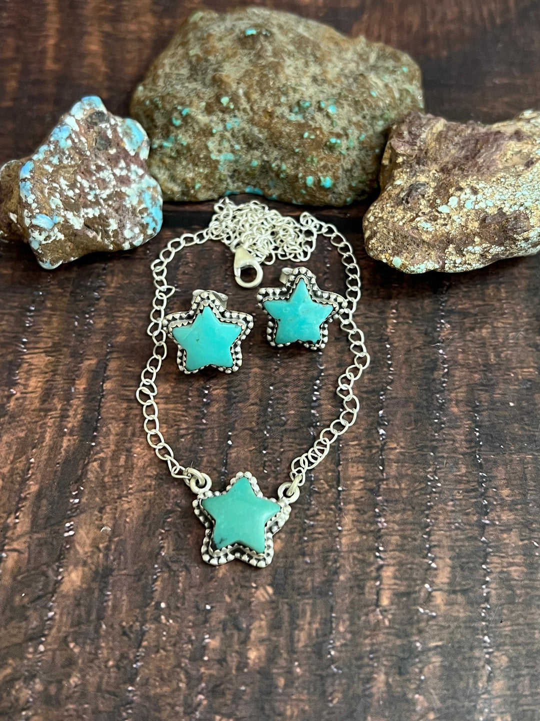 Handmade Sterling Silver Campitos Turquoise Star Necklace Earrings Set