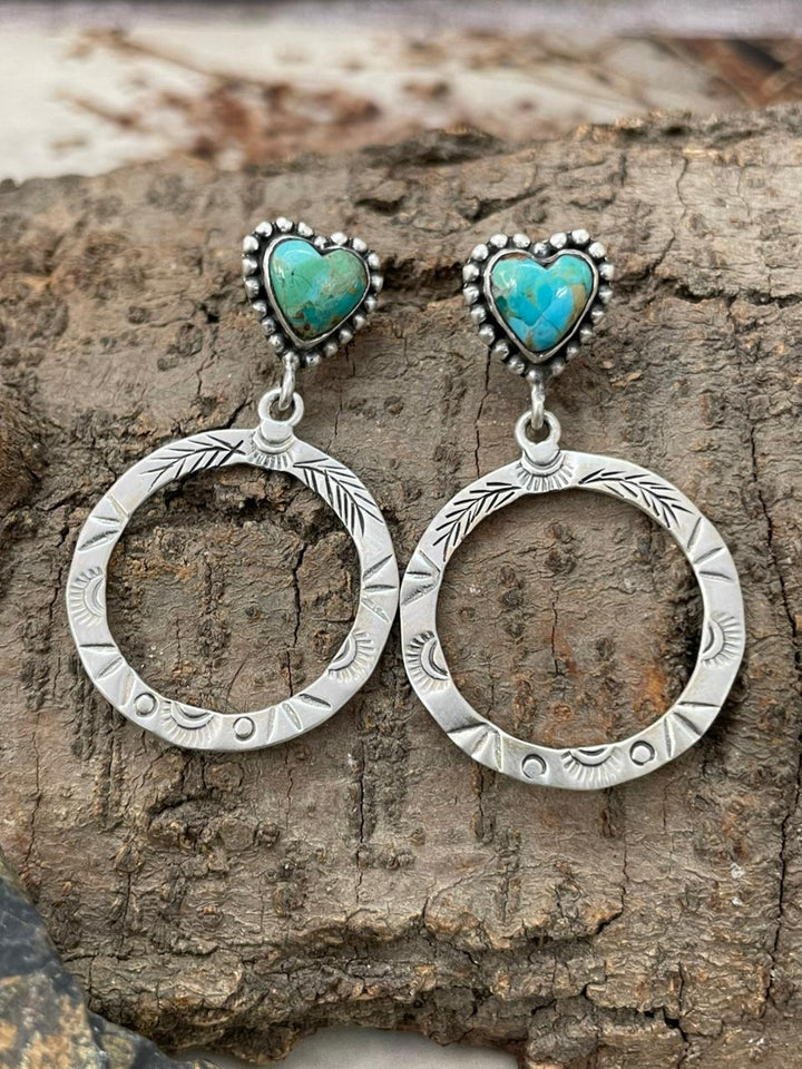 "Heart Collection" Handmade Sterling Silver Kingman Turquoise Post Dangle Earrings