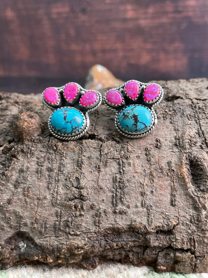 Handmade Sterling Silver Arizona Blue Turquoise with Hot Pink Post Studs Earrings