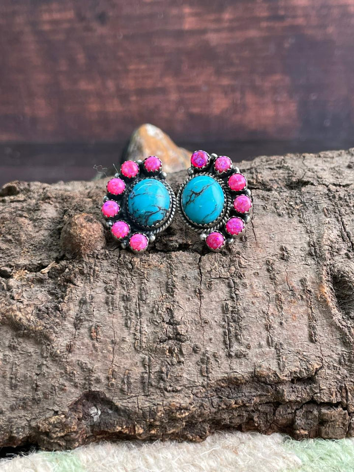 Handmade Sterling Silver Arizona Blue Turquoise with Hot Pink Post Studs Earrings