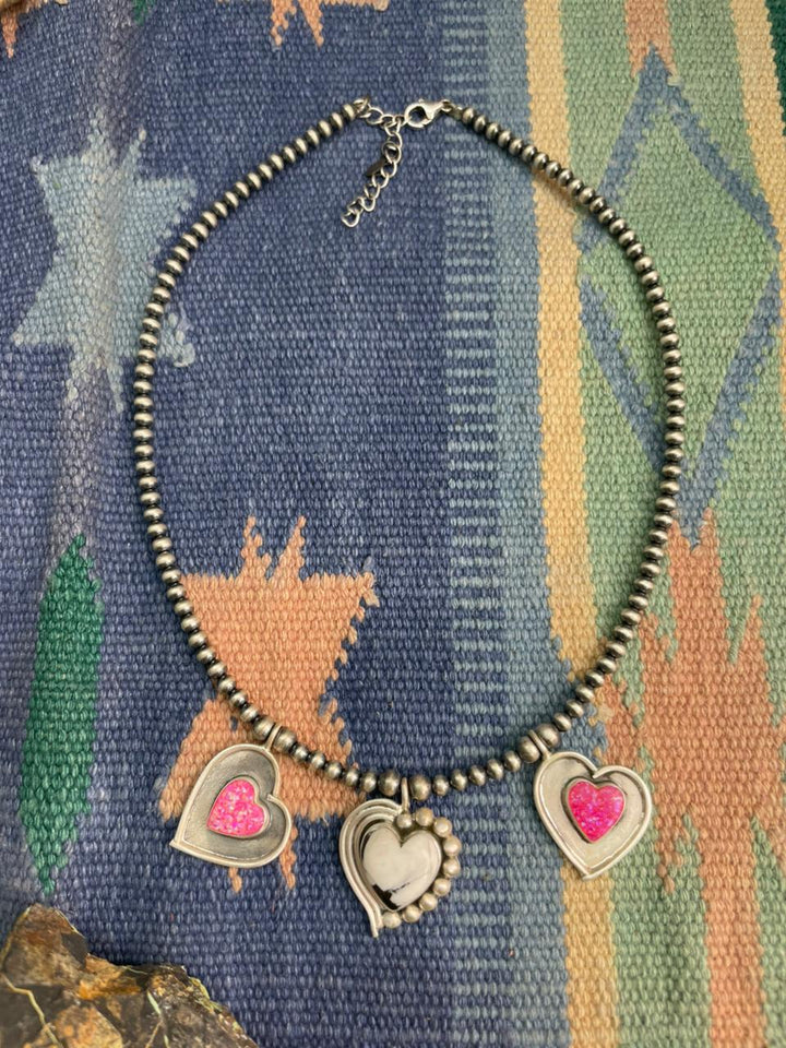 Handmade Sterling Silver White Buffalo with Hot Pink Beaded Heart Necklace