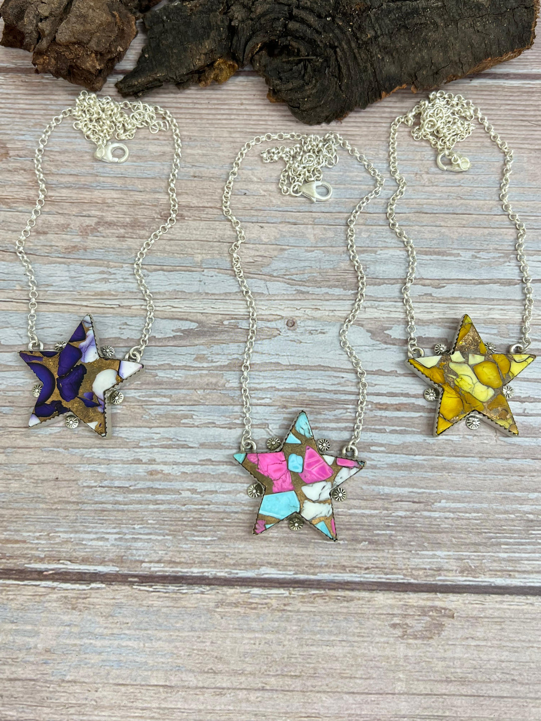 Handmade Sterling Silver Multi Stone Star Necklace, Signed Nizhoni Nizhoni Traders LLC