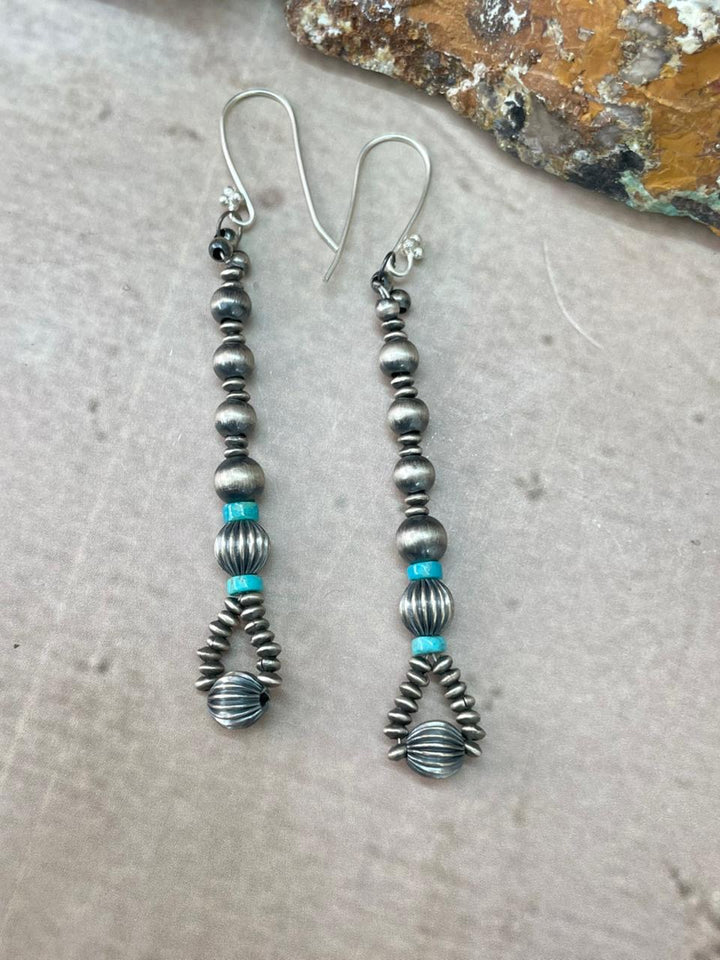 Handmade Sterling Silver Beaded Kingman Turquoise Dangle Hook Earrings