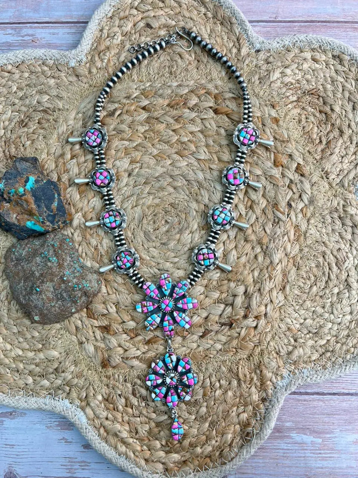 Handmade Sterling Silver Beaded Blossom Cotton Candy Necklace "Signed Nizhoni" Nizhoni Traders LLC