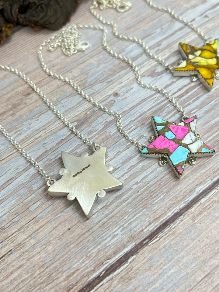 Handmade Sterling Silver Multi Stone Star Necklace, Signed Nizhoni Nizhoni Traders LLC