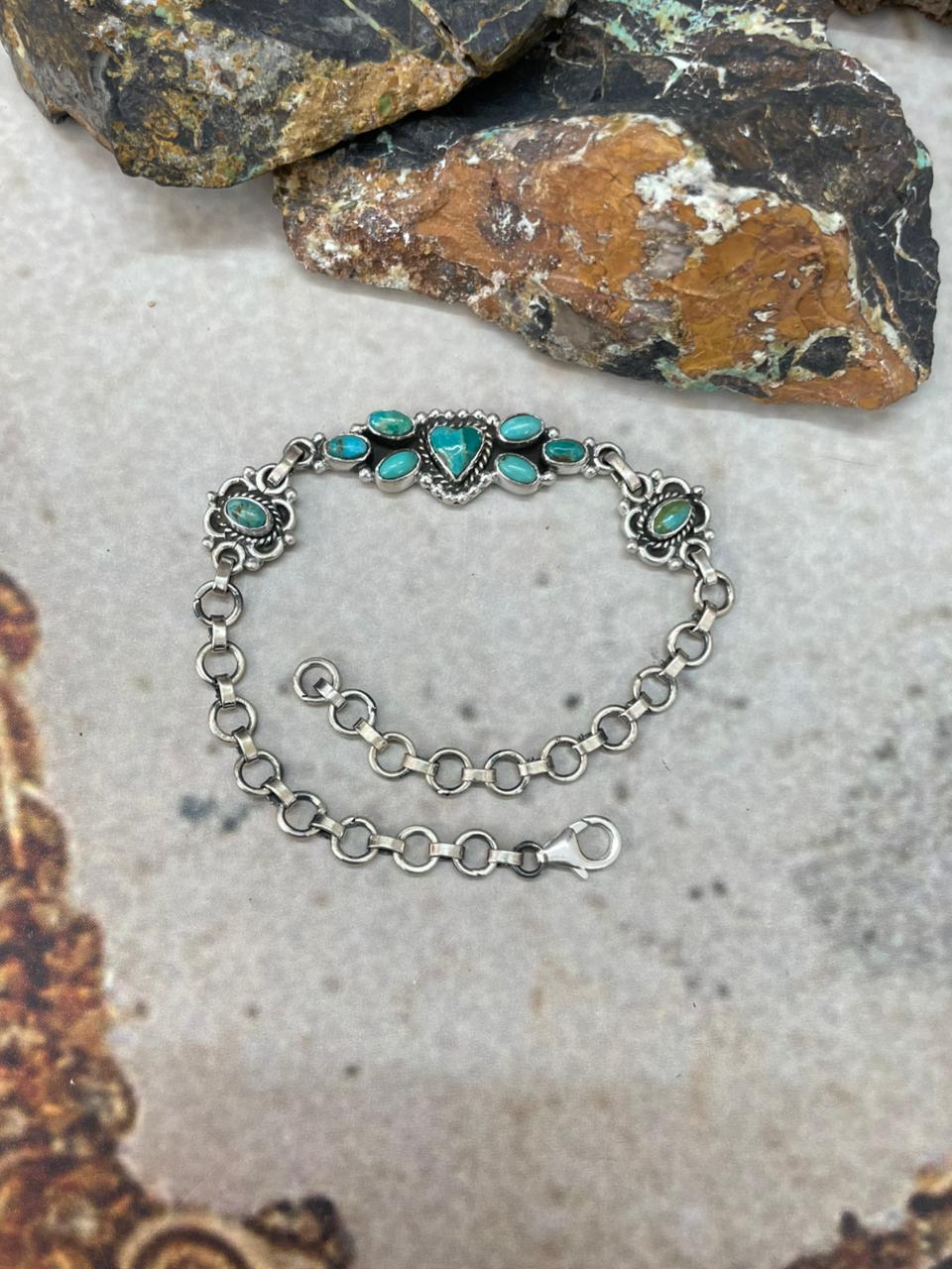 "Heart Collection" Handmade Sterling Silver Kingman Turquoise Chain Bracelet