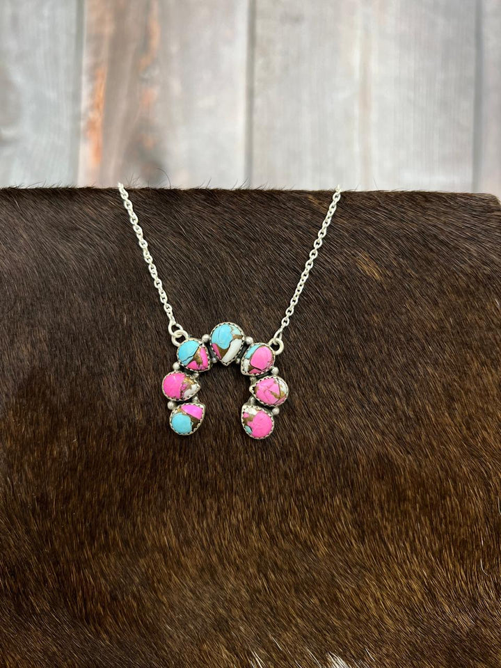 Handmade Sterling Silver Cotton Candy Turquoise Squash Blossom Necklace