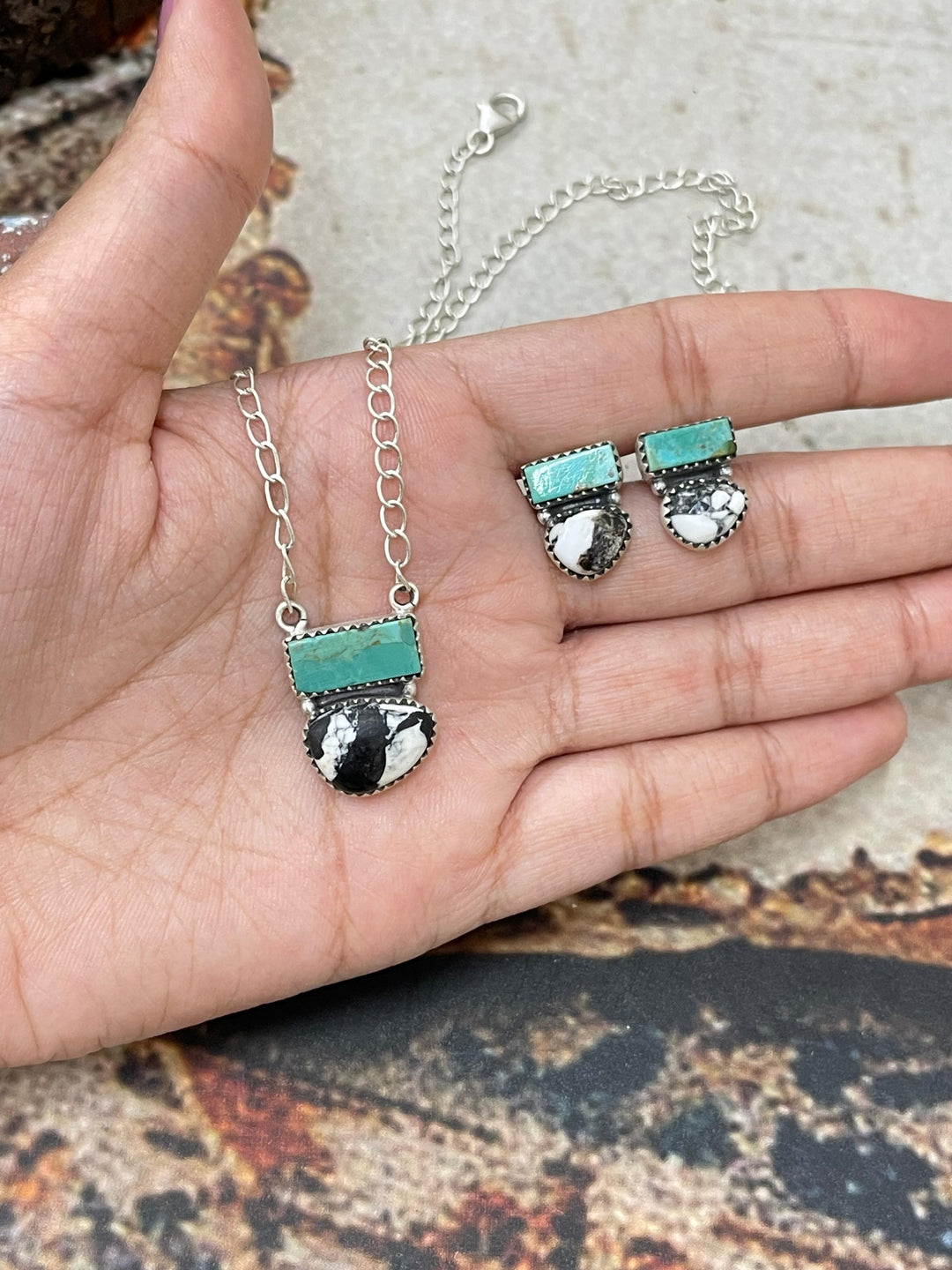 Into the Wild -Handmade Sterling Silver Kingman with White Buffalo Necklace & Earrings Set