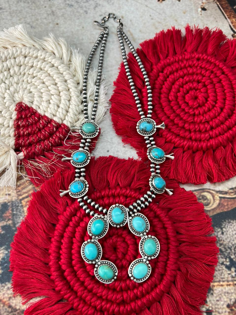 Handmade Sterling Silver Kingman Turquoise Squash Blossom Beaded Necklace