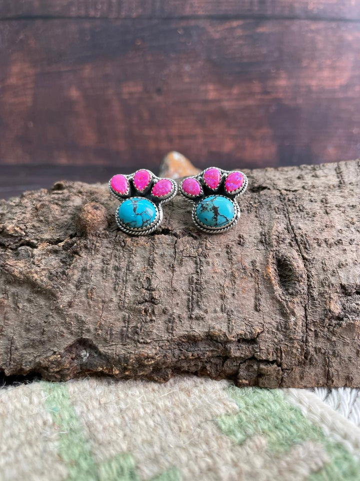 Handmade Sterling Silver Arizona Blue Turquoise with Hot Pink Post Studs Earrings