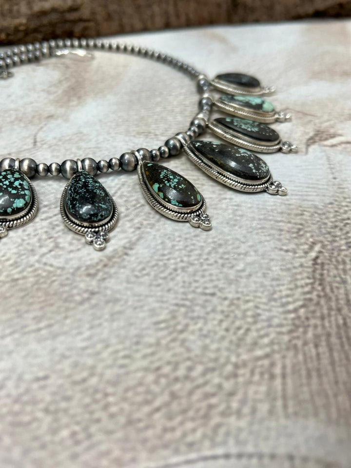 Handmade Sterling Silver Lander Turquoise Beaded Necklace
