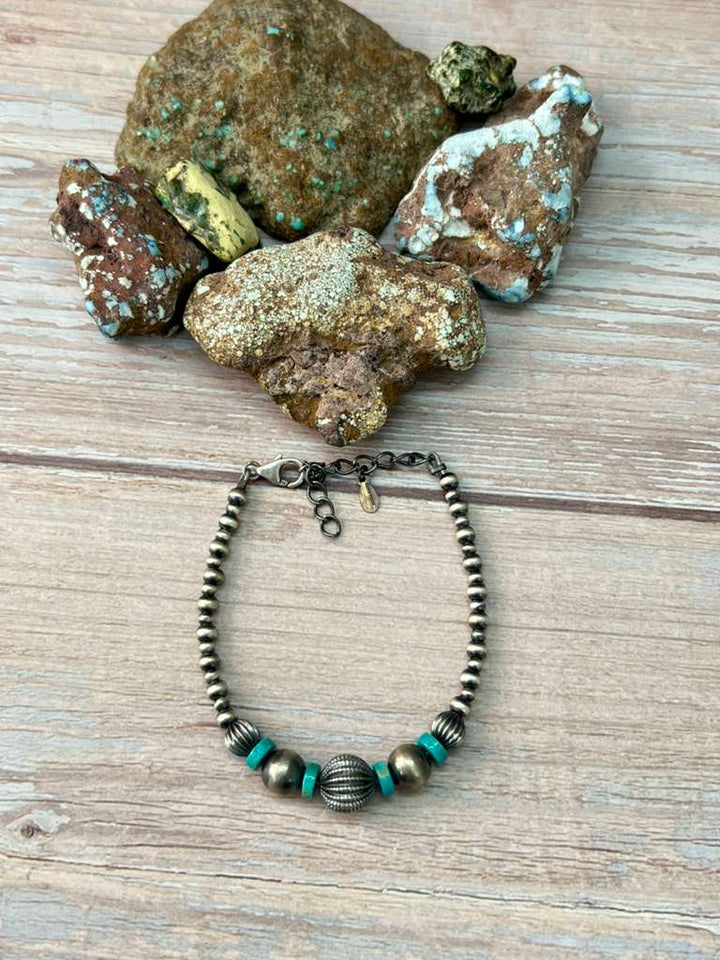 Handmade Sterling Silver Kingman Turquoise Beaded Bracelet