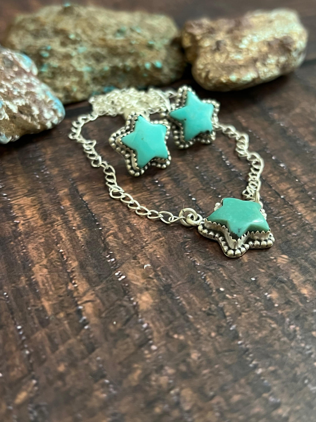 Handmade Sterling Silver Campitos Turquoise Star Necklace Earrings Set