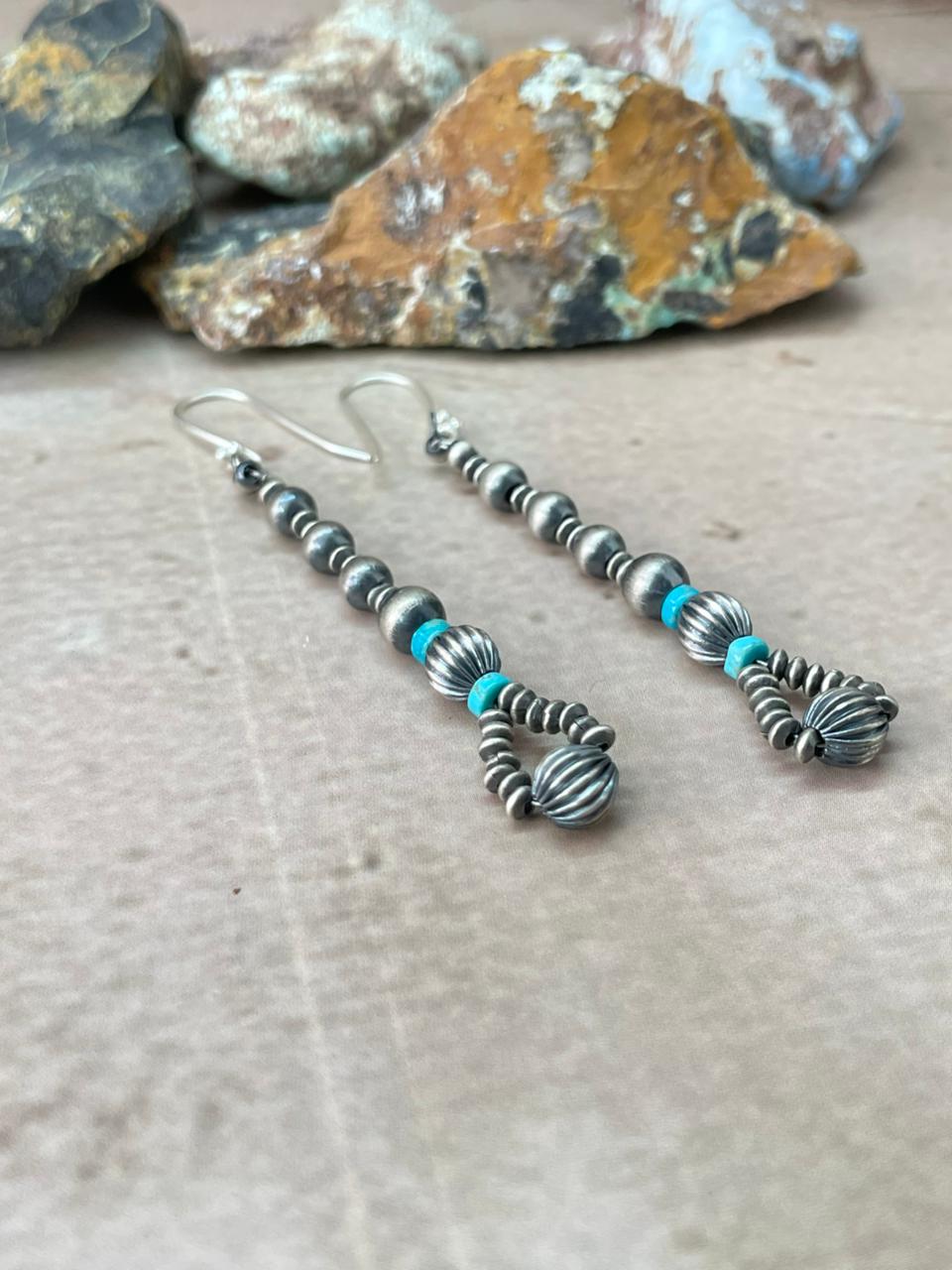 Handmade Sterling Silver Beaded Kingman Turquoise Dangle Hook Earrings