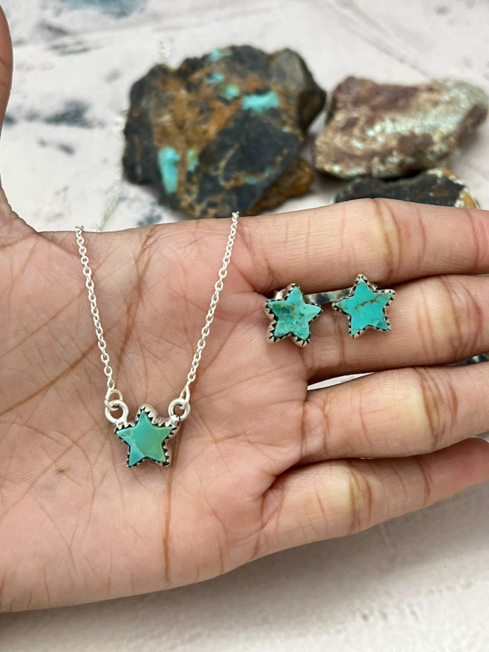 Handmade Sterling Silver Kingman Turquoise Necklace Earrings Set