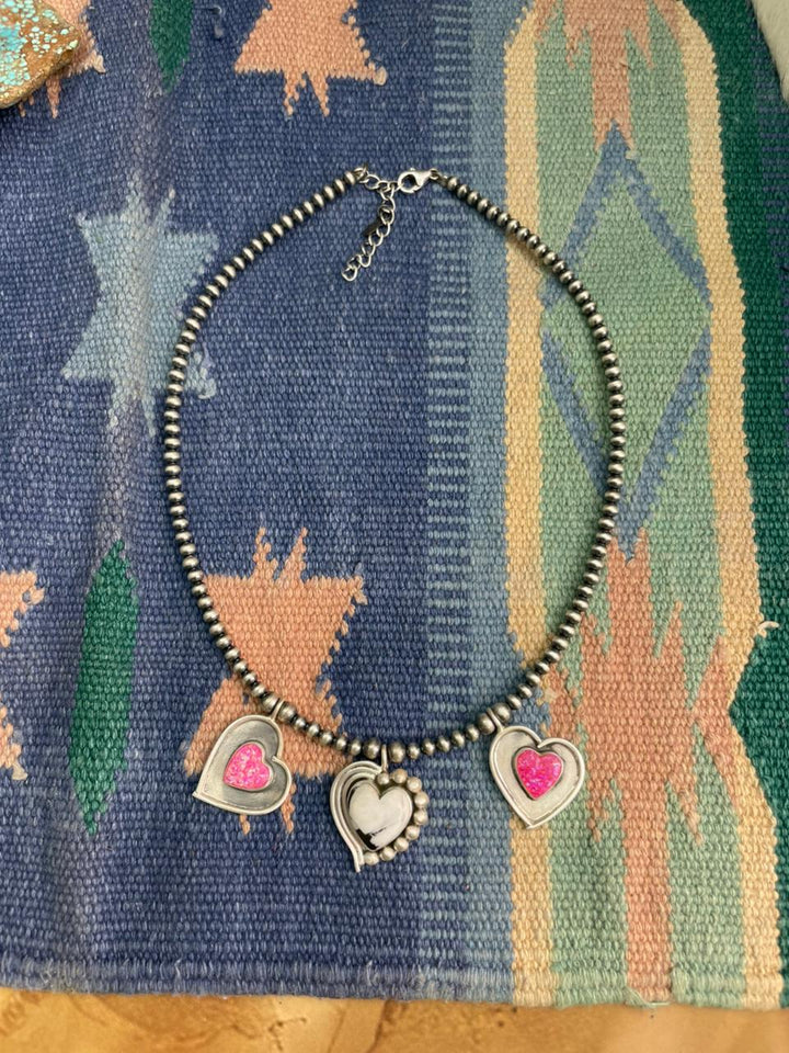 Handmade Sterling Silver White Buffalo with Hot Pink Beaded Heart Necklace