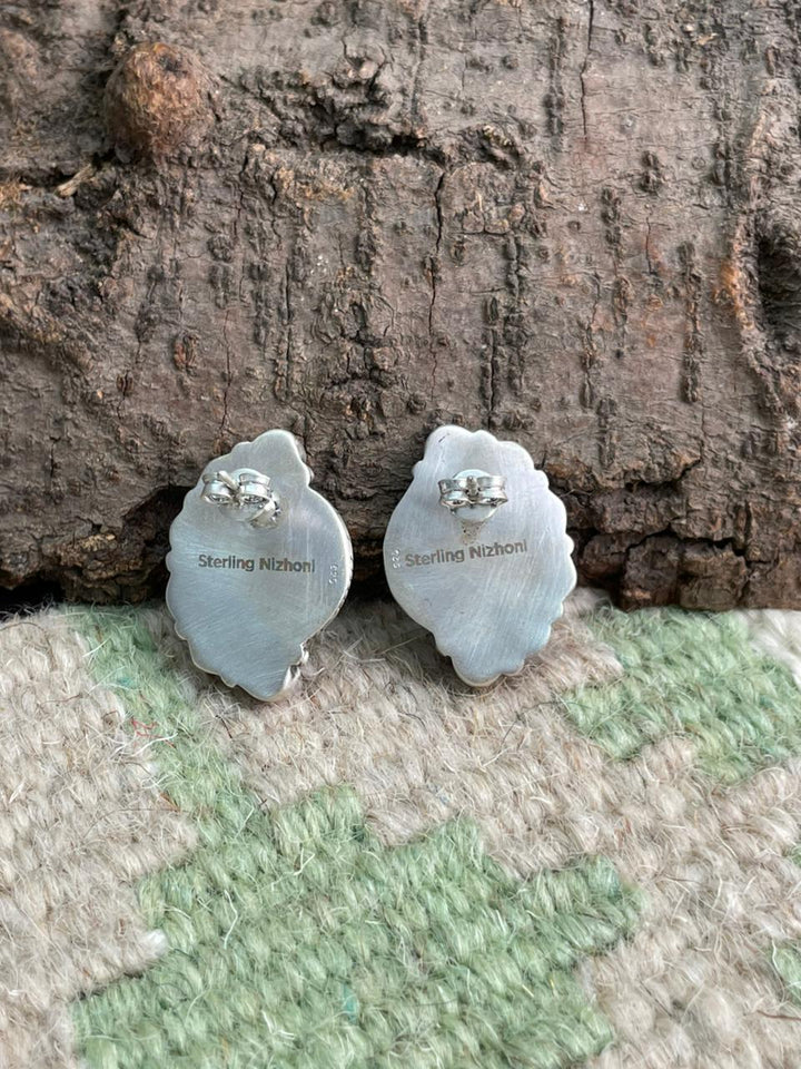 Handmade Sterling Silver Arizona Blue Turquoise with Hot Pink Post Studs Earrings