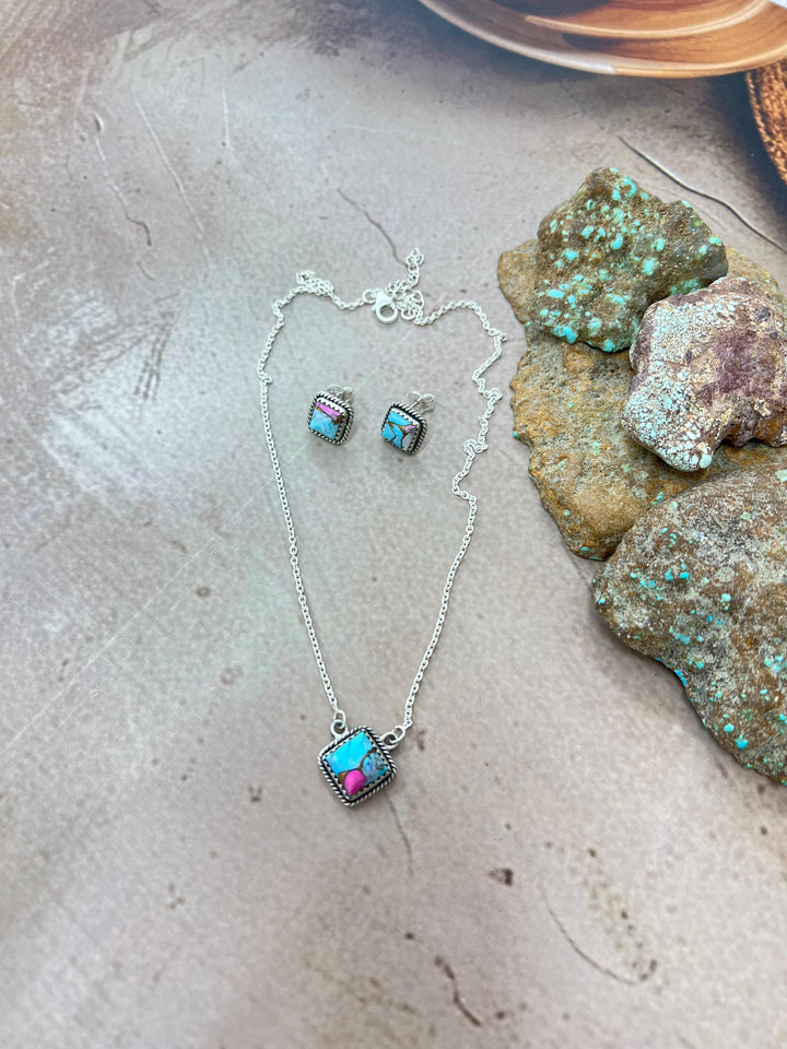 Handmade Sterling Silver Cotton Candy Turquoise Necklace & Earrings Set