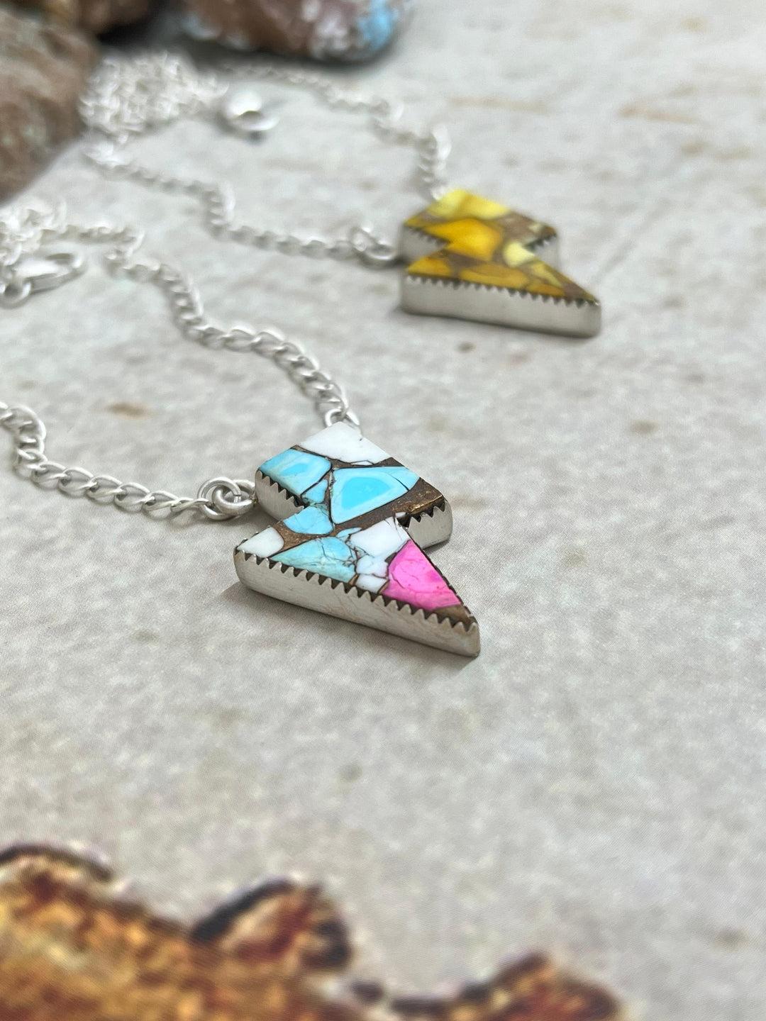 Handmade Sterling Silver Cotton Candy & Honey Dahlia Lightning Bolt Necklace