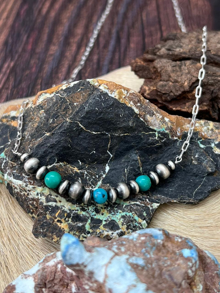 Handmade Sterling Silver Kingman Turquoise Beaded Necklace