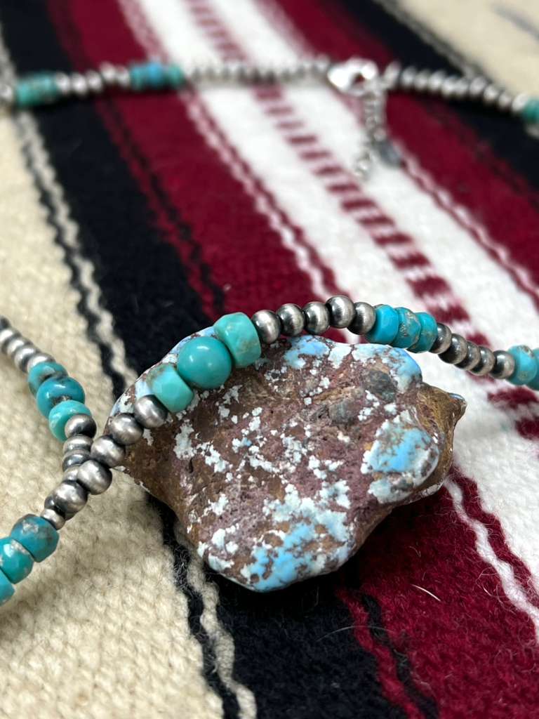 Handmade Sterling Silver Kingman Turquoise Beaded Necklace