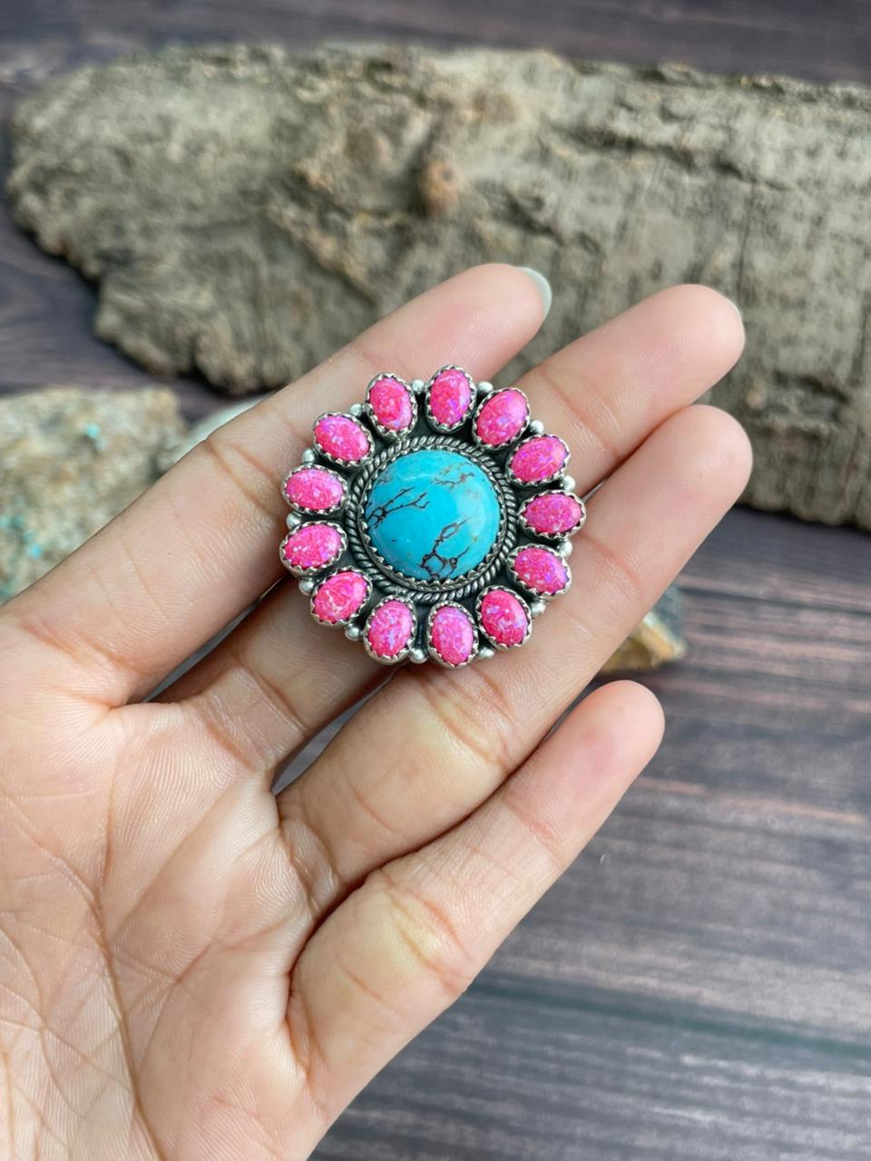 Handmade Sterling Silver Arizona Turquoise with Hot Pink Adjustable Ring