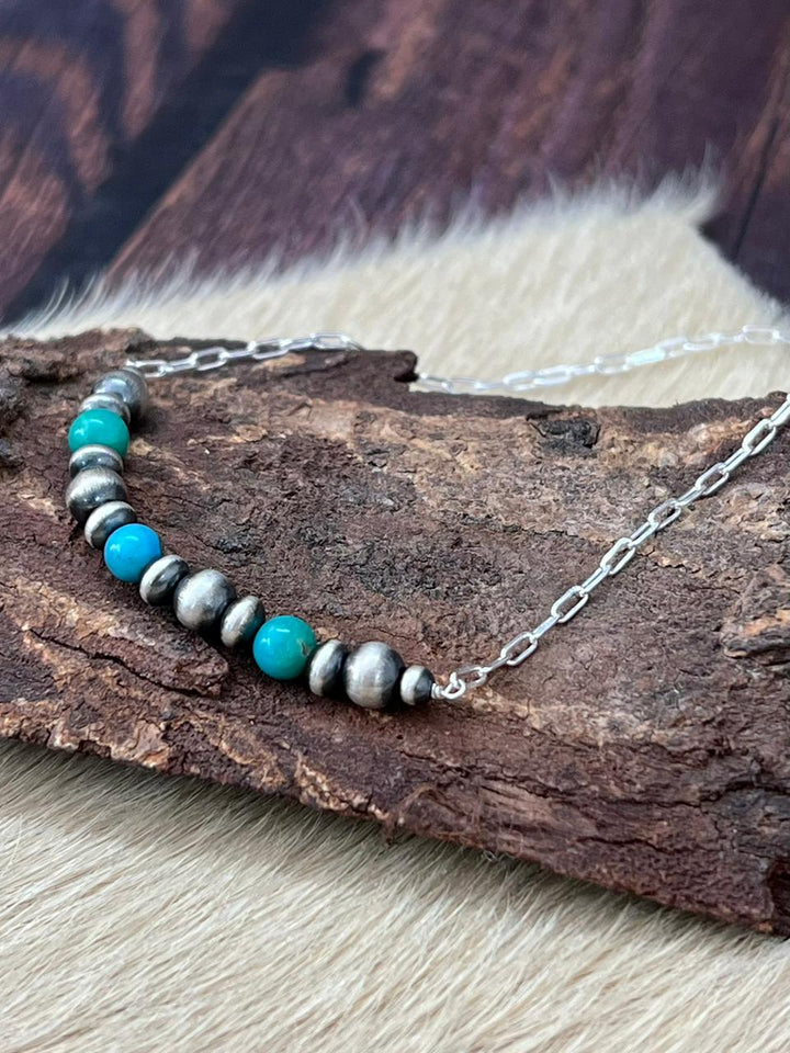 Handmade Sterling Silver Kingman Turquoise Beaded Necklace