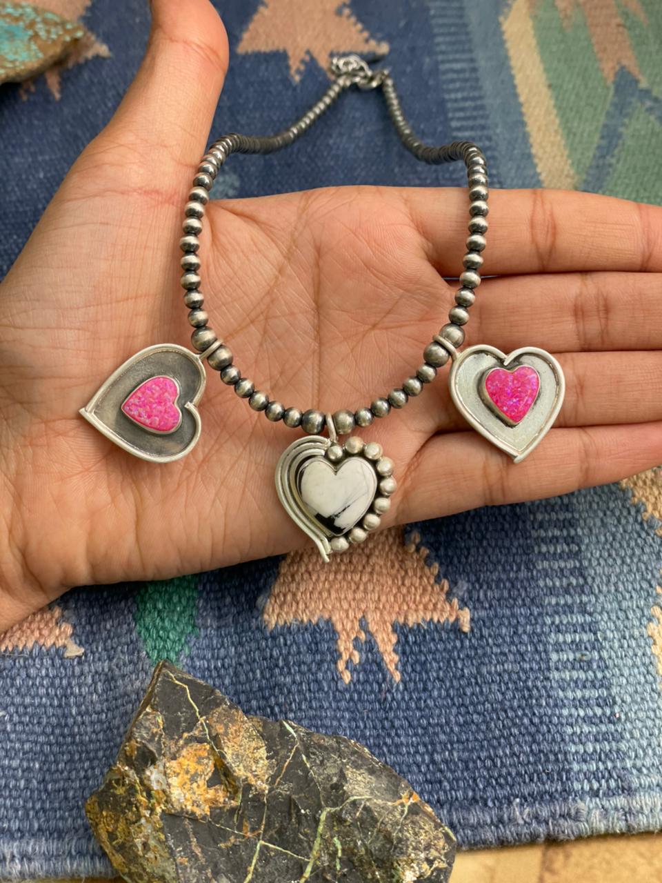 Handmade Sterling Silver White Buffalo with Hot Pink Beaded Heart Necklace