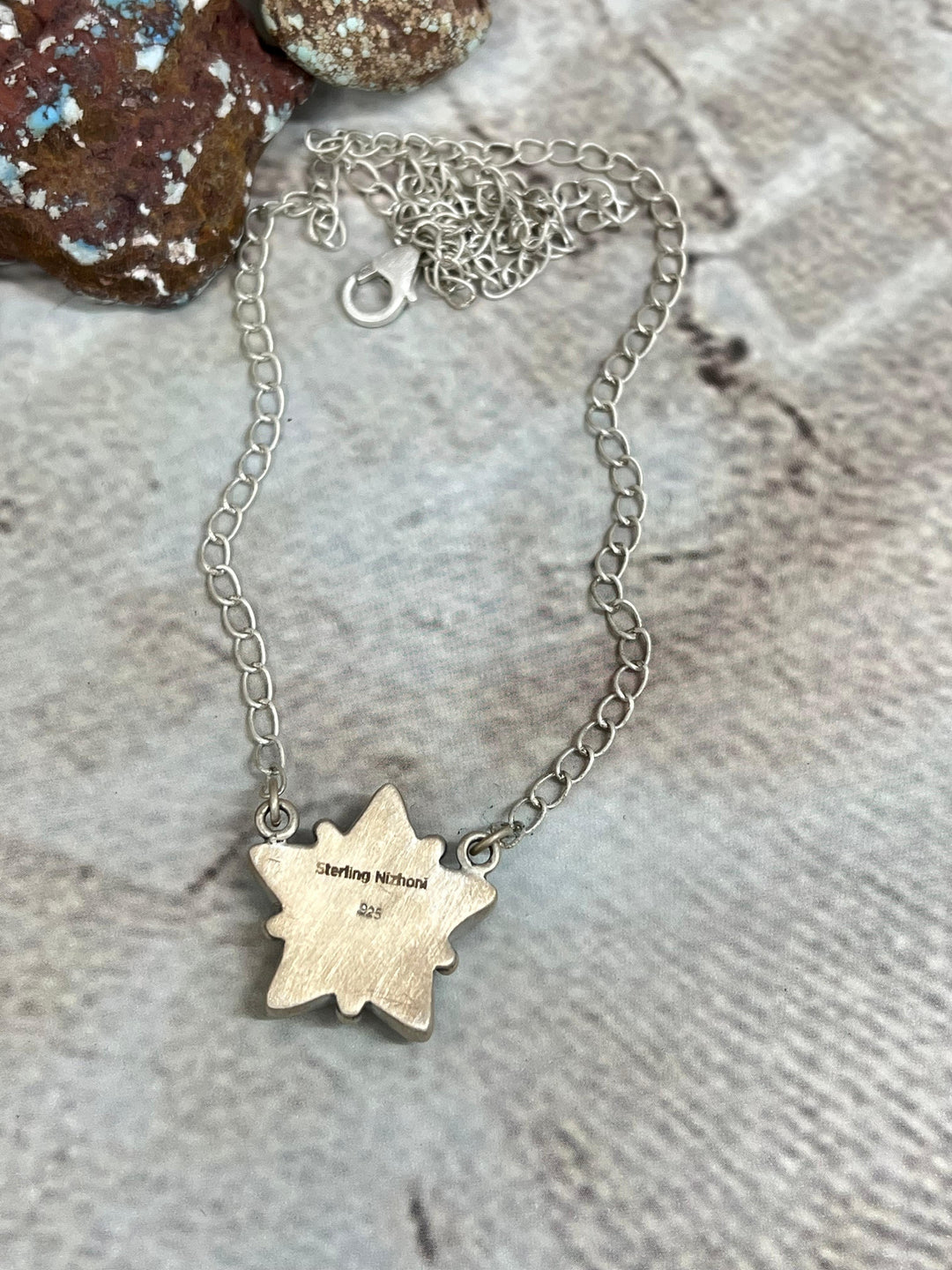 Handmade Sterling Silver Royston Turquoise Star Necklace with Signed Nizhoni Nizhoni Traders LLC