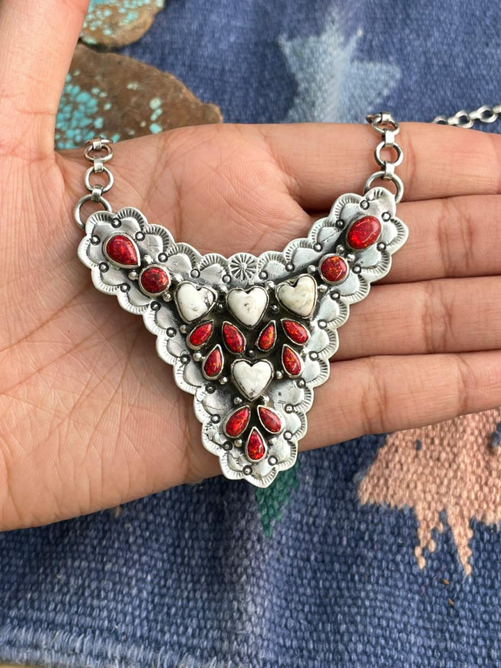 Handmade Sterling Silver White Buffalo with Red Opal Necklace